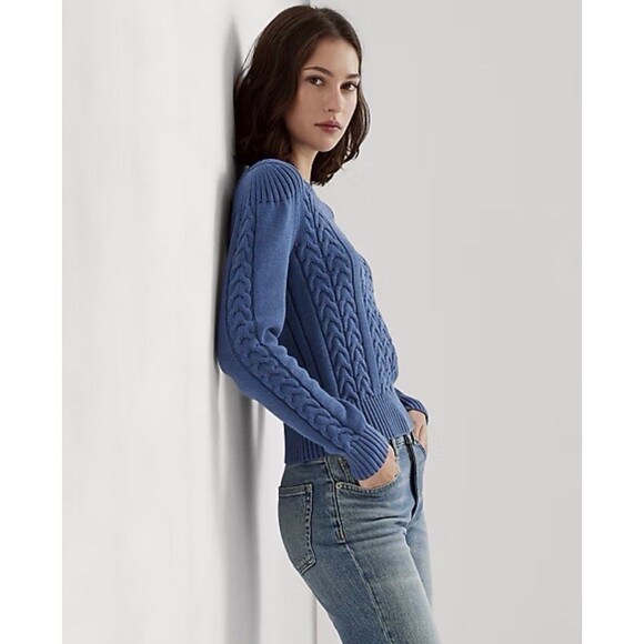 Lauren Ralph Lauren Sweater XXL Blue Cable-Knit Cotton Crewneck Puff Sleeve NWT - Picture 2 of 12